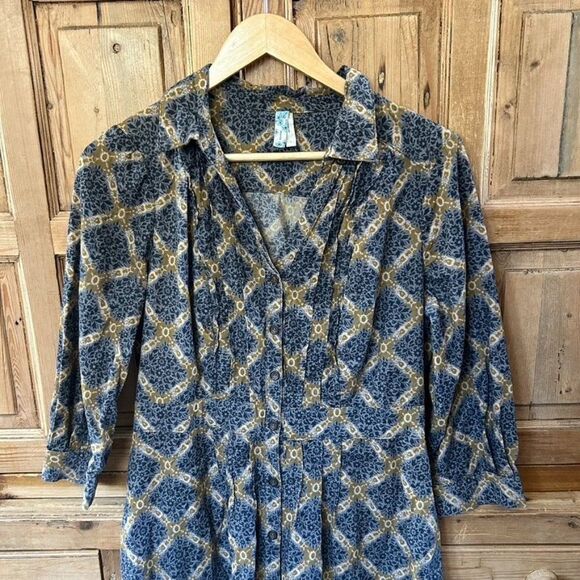 Womens Maeve 8 Button Front Shirt Dress Collared Pattern Blue Gray Yellow Anthro - Picture 2 of 11